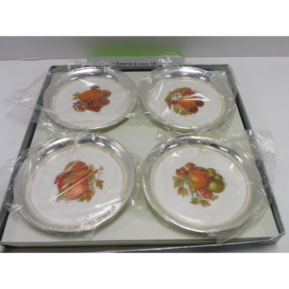 VTG Sheridan Silver Coaster Set of 4 Fruit Harvest Motif Silver Plated DW782